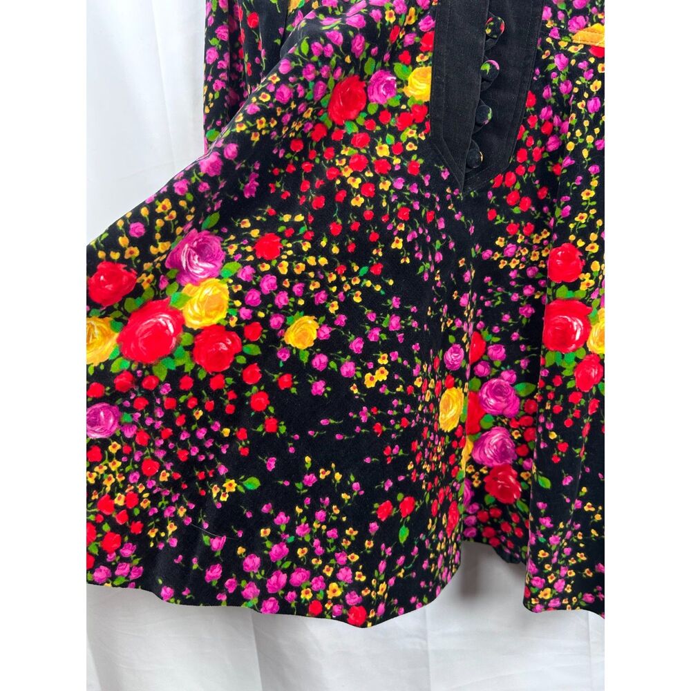 Vintage 70s Orphee Paris Floral Velvet Mini Dress XS Black French Mod Psych - Picture 10 of 16